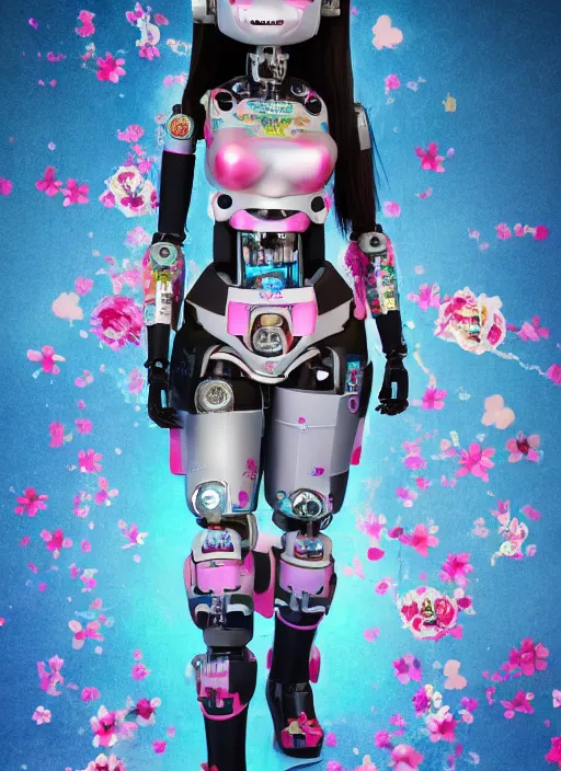 Image similar to full body photo of a belle delphine robot with kanji tattoos and decals wearing a digital pixelated kimono, intricate design, photo - realistic, octane render, ultra fine detailed, character design, trending on artstation