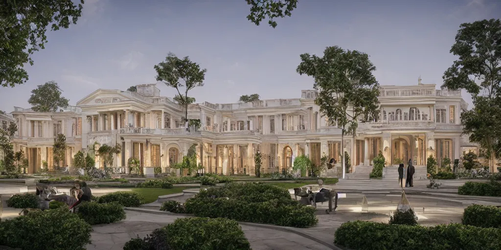Prompt: 3d rendering of beautiful nature meets neoclassical architecture concept of a residential community by Des Ewing Architects, volumetric lighting, luxury, high detail, 14mm, cinematic photography, lots of space, cg architects, featured in Open House magazine, high resolution