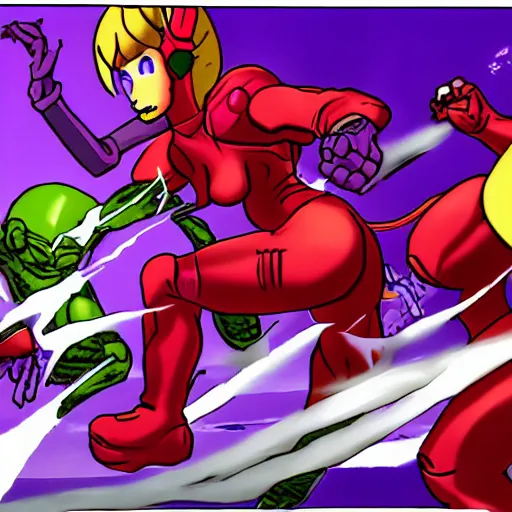 Prompt: samus aran punching purple dragon ridley in the throat