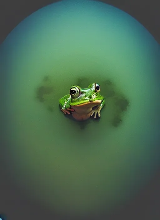 Image similar to “semitransparent frog vertically hovering over misty lake waters in jesus christ pose, semi translucent body, low angle, long cinematic shot by Andrei Tarkovsky, paranormal, eerie, mystical”