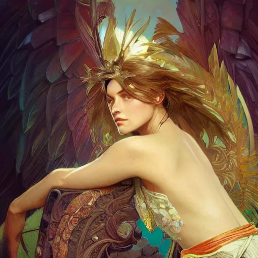 Image similar to quetzal, intricate, elegant, highly detailed, digital painting, artstation, concept art, matte, sharp focus, illustration, art by Artgerm and Greg Rutkowski and Alphonse Mucha