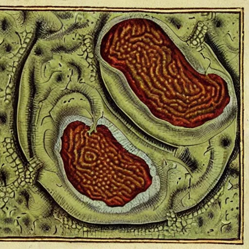 Image similar to bacteria under a microscope , medieval book illustration , stunning masterpiece