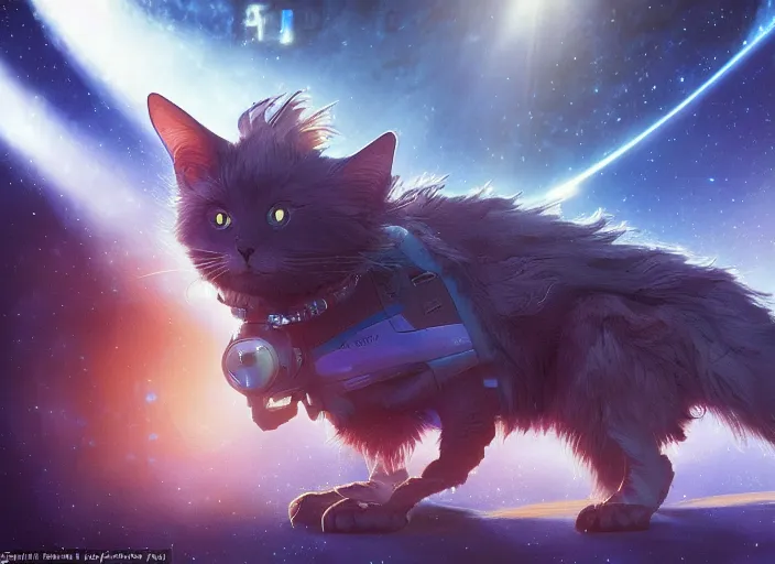 Image similar to a space cat staring role in a musical sci - fi space opera ghibli animated film, volumetric lighting, octane render by stanley artgerm lau, greg rutkowski, thomas kindkade, alphonse mucha, loish, norman rockwel,