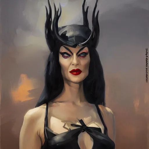 Image similar to greg manchess portrait painting of partially armored morticia from addams family as overwatch character, medium shot, asymmetrical, profile picture, organic painting, sunny day, matte painting, bold shapes, hard edges, street art, trending on artstation, by huang guangjian and gil elvgren and greg rutkowski