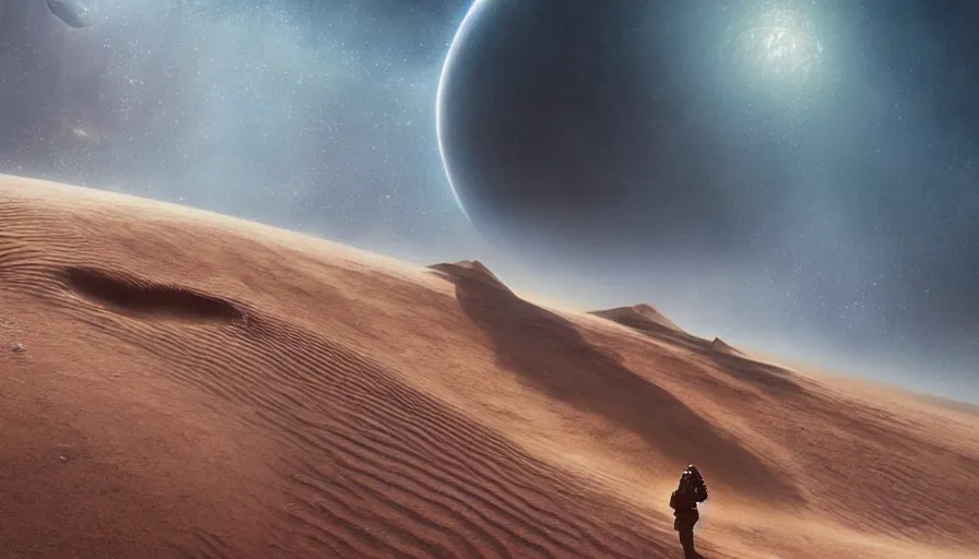 Image similar to a beautiful photo realistic still space image from the movie dune, hyperrealistic, highly detailed by kalin popov and greg rutkowski