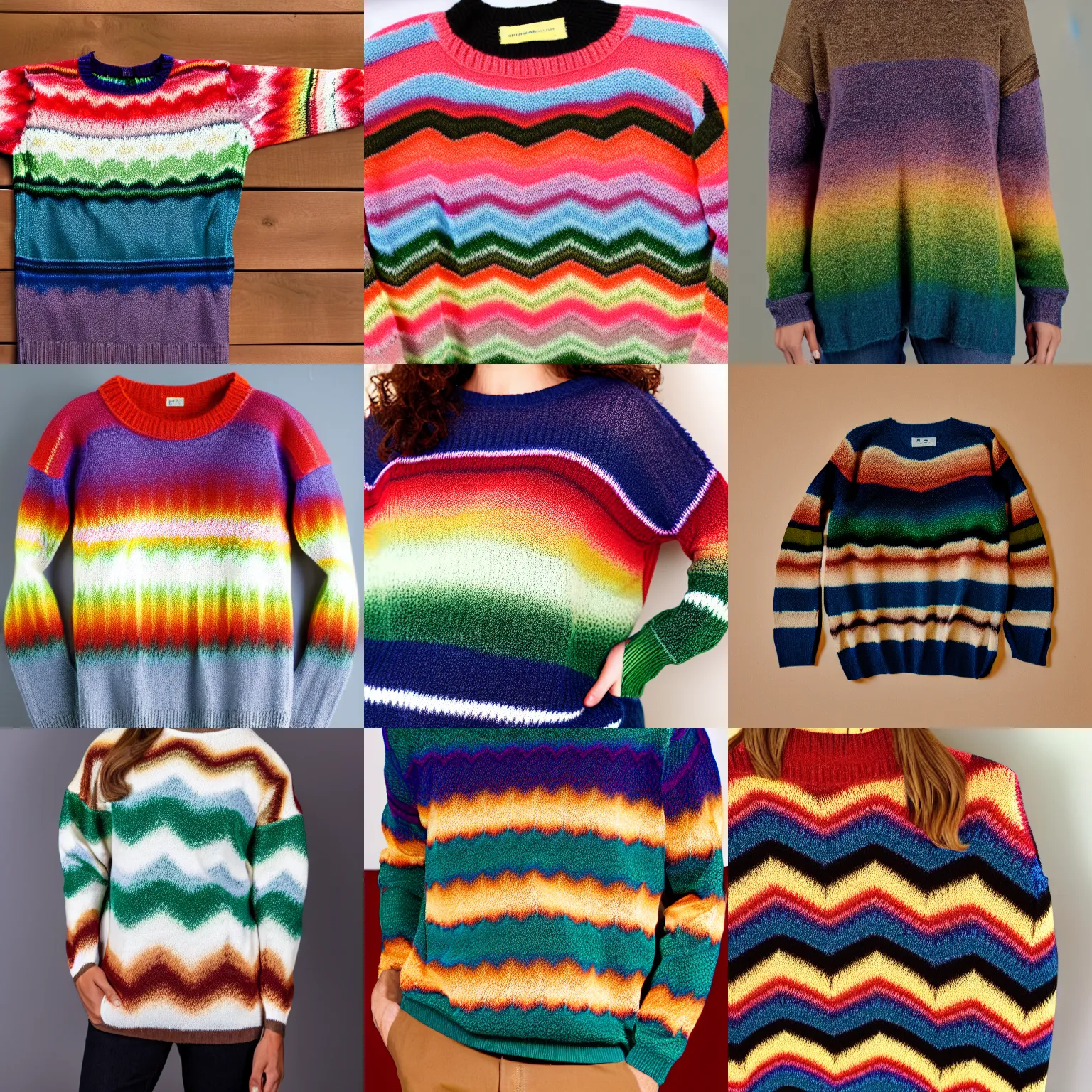 Prompt: product photo of a sweater with an earth toned rainbow chevron pattern