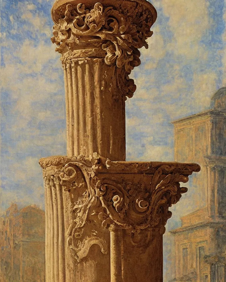 Image similar to achingly beautiful painting of intricate ancient roman corinthian capital on peach background by rene magritte, monet, and turner. giovanni battista piranesi.
