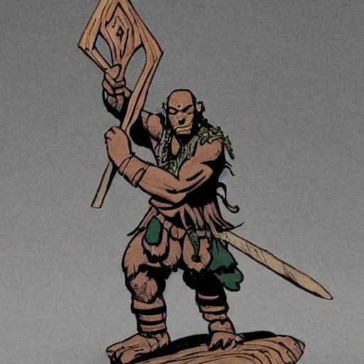 Image similar to A Half-orc Druid holding a wooden staff, holding a wooden staff, Mike Mignola