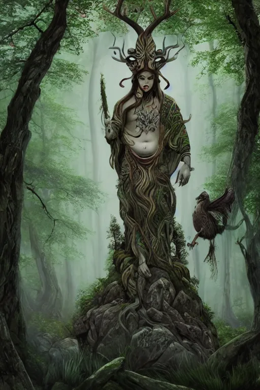 Image similar to gaelic forest spirit, qirin, god, deity, serene, wide angle, super highly detailed, professional digital painting, artstation, concept art, smooth, sharp focus, no blur, no dof, extreme illustration, Unreal Engine 5, Photorealism, HD quality, 8k resolution, cinema 4d, 3D, beautiful, cinematic, art by artgerm and greg rutkowski and alphonse mucha and loish and WLOP