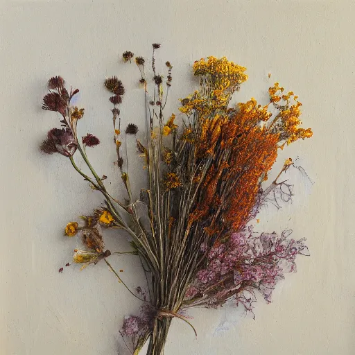 Image similar to still life aesthetic layout of dried wild flowers inside of the open envelope, oil on canvas