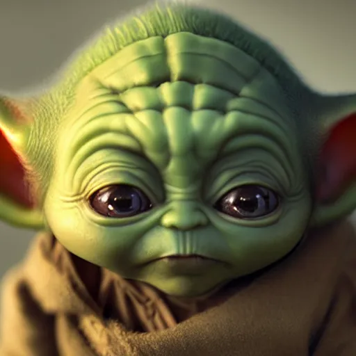 Image similar to photo realistic image of a baby yoda, stunning 3 d render inspired art by istvan sandorfi and greg rutkowski, perfect facial symmetry, realistic, highly detailed attributes and atmosphere, dim volumetric cinematic lighting,