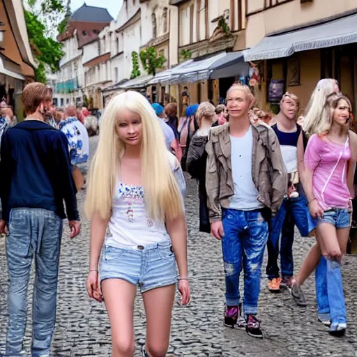 Prompt: aristocratic platinum - blonde - haired hime - cut long hair blue - eyed 1 9 - year - old princess wearing dirty clothes, walking through crowds in czech town