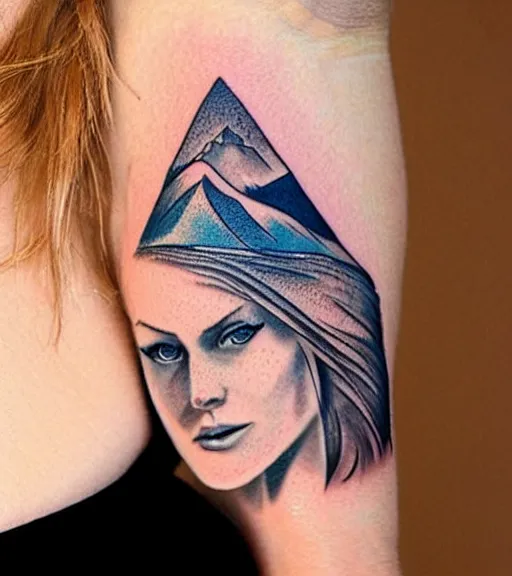Image similar to tattoo design sketch of a beautiful blue - eyed woman face with a faded background of beautiful mountains and nature on her side, hyper - realistic, in the style of den yakovlev, amazing detail, black and white