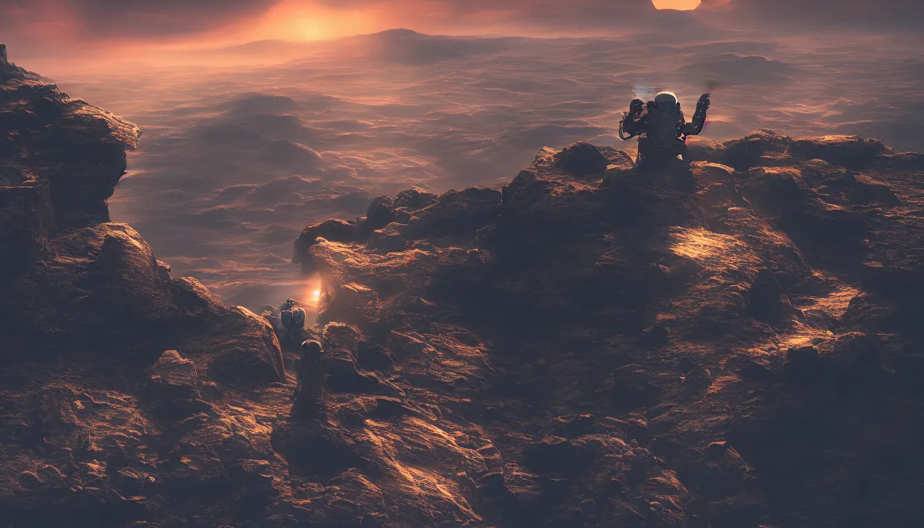 Image similar to lone cyberpunk astronaut sat on top of a mountain looking at the horizon of a unknown planet, close shot, sunset, cinematic, epic, dark scenario, 8k, award winning,