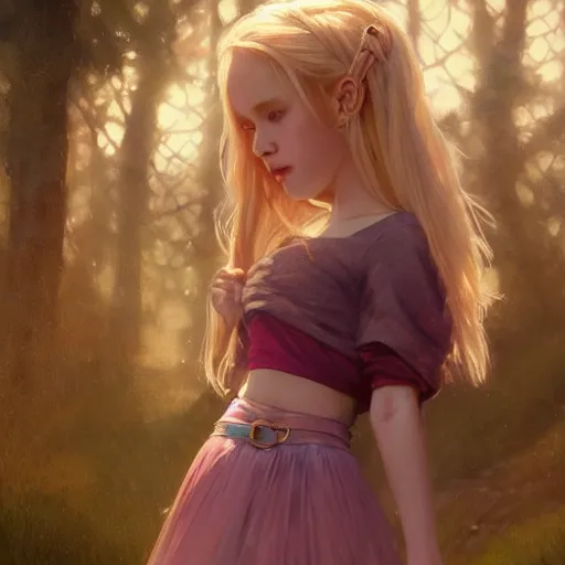 Prompt: a photorealistic dramatic fantasy render of adorable young girl with blonde hair and blue eyes, in pink mini skirt, by wlop, artgerm, greg rutkowski, alphonse mucha, beautiful dynamic dramatic dark moody lighting, shadows, cinematic atmosphere, artstation, concept design art, octane render, 8 k