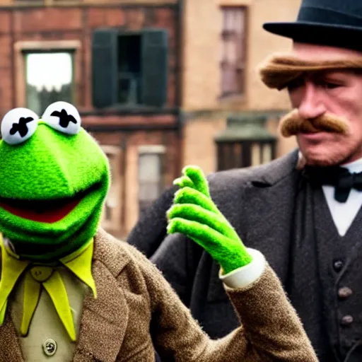 Image similar to Muppet Kermit the Frog in Peaky Blinders very detail 4K quality super realistic