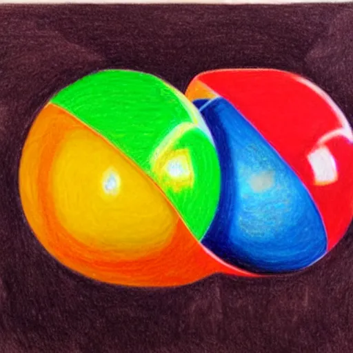 Prompt: chrome spheres on a red cube, drawn with colored pencil
