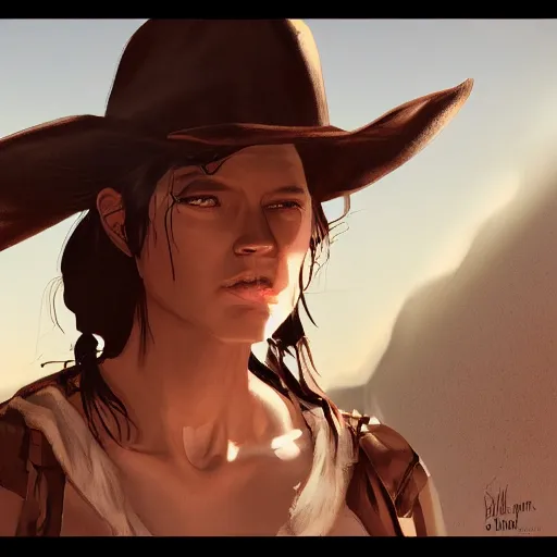 Prompt: tan woman, long dark hair, brown eyes, wild west setting, concept art, 8k, artstation, sharp composition