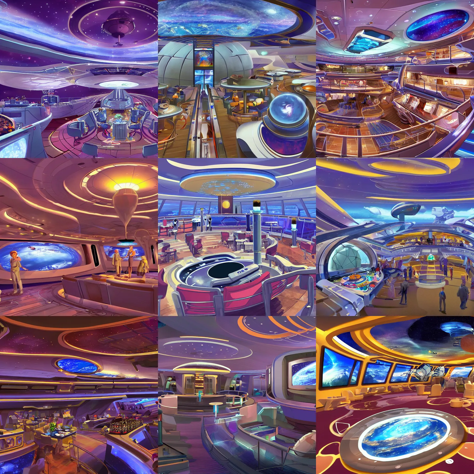 Prompt: the main entertainment area onboard a large passenger cruise spaceship, from a space themed serria point and click 2 d graphic adventure game, art inspired by thomas kinkade