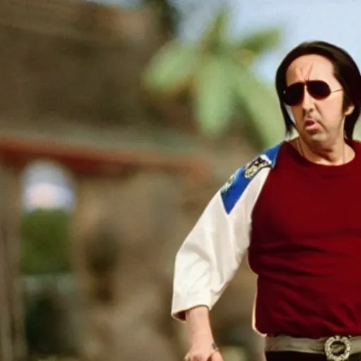 Prompt: Still of Nicolas Cage in the movie ''Kung Pow'' (1991)