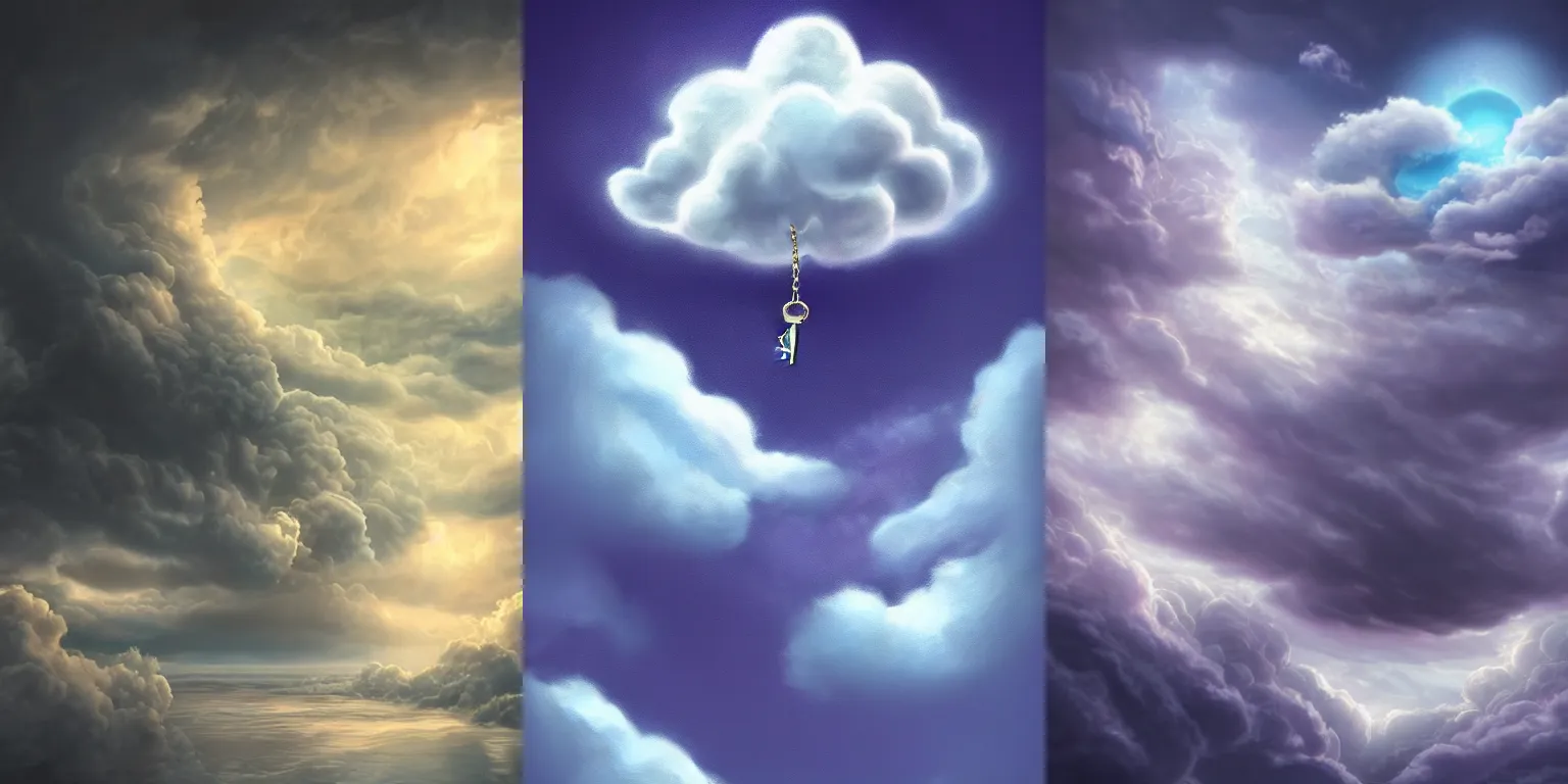 Prompt: Clouds. Storm. Key in the clouds. Levitating key. Floating key. Fantasy, digital painting, HD, 4k, detailed, artwork, bloom, lighting.