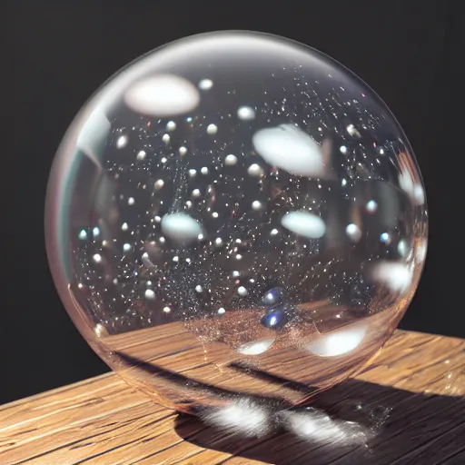 Prompt: realistic arcane magical sphere filled with bubbles on top of a wooden table, a raytraced image by filip hodas, trending on cgsociety, photorealism, vray tracing, rendered in unreal engine, ray tracing