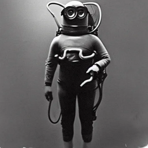 Image similar to old creepy black and white photograph of a minion in deep sea diving gear