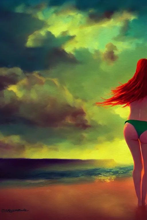 Image similar to red haired girl, green bikini, beach surreal photography, sunrise, dramatic light, impressionist painting, colorful clouds, digital painting, artstation, simon stalenhag