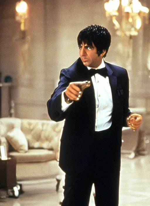 Image similar to film still of Michael Scott as Tony Montana in Scarface.