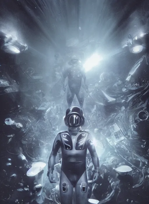 Image similar to astronauts in dark and void underwater - hyperdetailed suit. reflection and dispersion materials. rays and dispersion of light. volumetric light. 5 0 mm, f / 3 2. noise film photo. flash photography. ultra realistic, wide angle. poster by wayne barlowe, hajime sorayama aaron horkey, craig mullins. dark key.