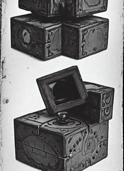 Image similar to 1 8 8 5 photo of a riveted companion cube from portal 2, daguerrotype, high quality