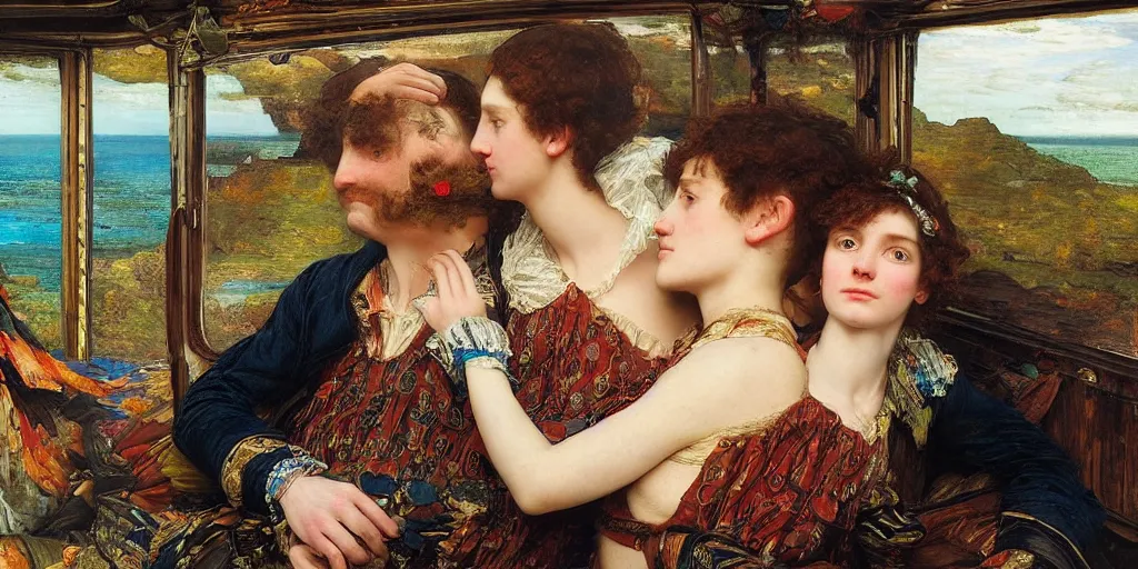 Image similar to detailed colourful masterpiece of photography couple portrait sat down extreme closeup, inside an underwater train, wearing unusual clothes, by william powell frith and ford maddox brown and frederic leighton and john william waterhouse