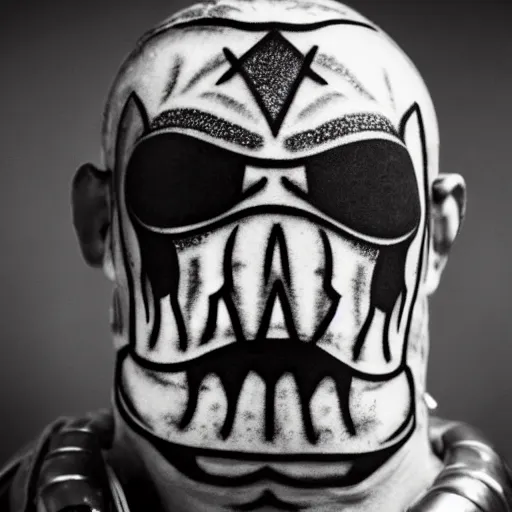 Prompt: symmetrical, close up portrait of warhammer 4 0 k space marine ghandi, covered in sesame street tattoos, studio lighting, depth of field, photography, black and white, highly detailed