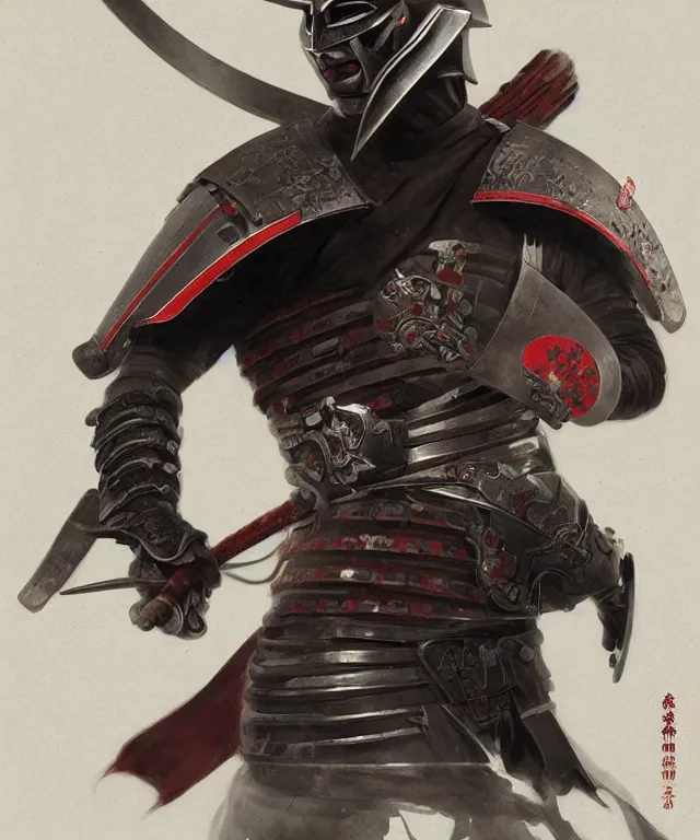 Prompt: Portrait of a masked and helmeted cyborg samurai from the warring states era Japan, highly detailed, digital painting, artstation, concept art, smooth, sharp focus, illustration by Artgerm and Greg Rutkowski and Tom Bagshaw