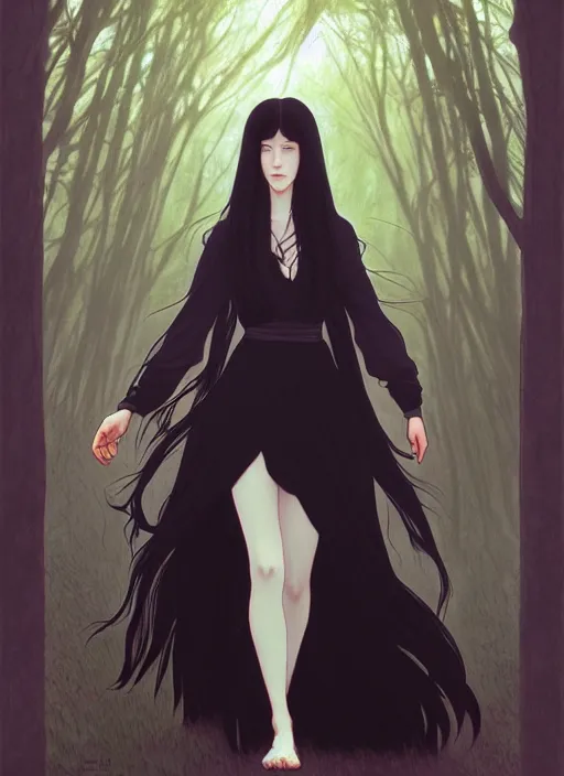 Image similar to pretty young woman with long black hair walking in the darkness, path traced, highly detailed, high quality, digital painting, by studio ghibli and alphonse mucha, leesha hannigan, makoto shinkai, disney