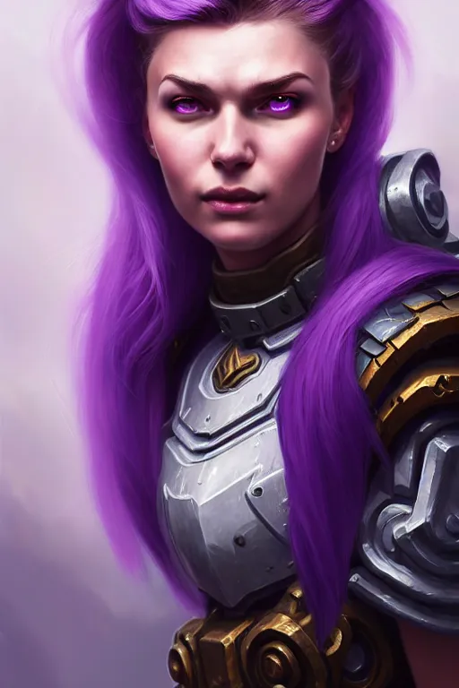 Image similar to alexey gurylev, close up portrait, pale woman in power armor with purple ponytail hair, stoic, focused, powerful, d & d, fantasy, complex, elegant, highly detailed, digital painting, artstation, concept art, matte, clear focus, illustration, hearthstone, artgerm art, greg rutkovsky and alphonse mucha