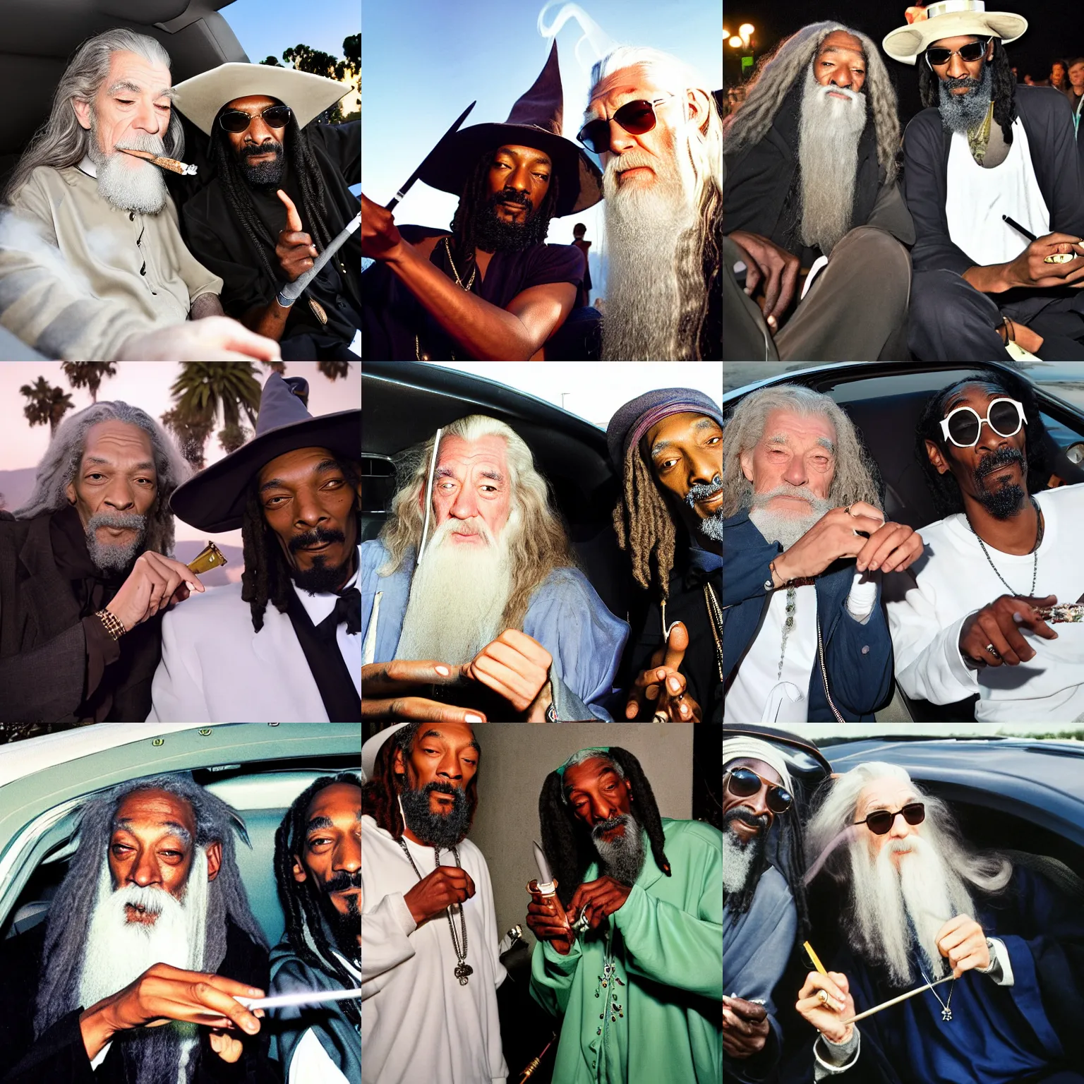 Prompt: gandalf and snoop dogg smoking a joint in a convertible, los angeles, evening, photograph