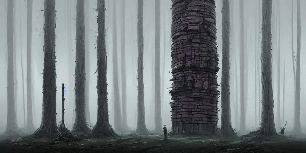 Prompt: Monumental old ruins tower of a dark misty forest, overcast, sci-fi digital painting by Simon Stålenhag,