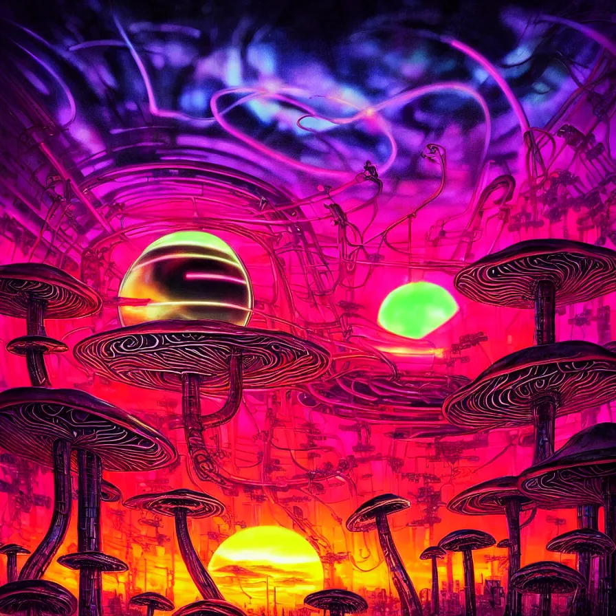 Prompt: psychedelic cybernetic sunset with toxic mushrooms, macro photography, techno planet in cybernetic neo - tokyo in background, by jeff easley, vibrant colors, award winning, stylized neon, post - processing, by tsutomu nihei, superb resolution, by junji ito, by greg rutkowski, 8 k, hyper realistic anime, perfect art