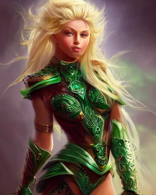 Prompt: A blonde emerald warrior, beautiful and realistic face, sexy gaze, fantasy illustration, full body, in the style of Tony Sart, epic, fantasy, intricate, elegant, amazing detail, digital painting, artstation, concept art, smooth, sharp focus, illustration