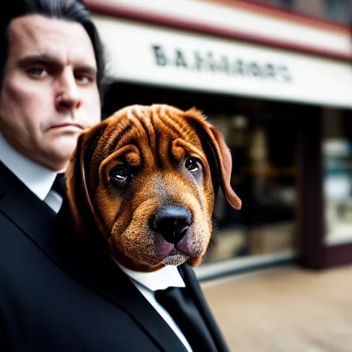 Image similar to Close up portrait of a clean-shaven chubby man with long black hair wearing a brown suit and necktie with a bakery in the background. Photorealistic. Award winning. Dramatic lighting. Intricate details. UHD 8K. He looks guilty and is giving puppy dog eyes.