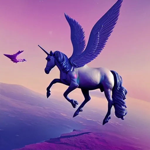 Image similar to jeff goldblum riding a winged unicorn, art by beeple, hyperrealistic