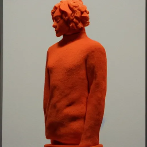 Image similar to cinnabar, warm orange lifelike by stuart immonen. a beautiful sculpture. the abyss above him shone with unflickering stars. one of the dots of light was earth. he didn't know which one.