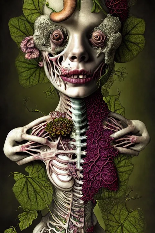 Prompt: very sad and detailed rotten woman corpse with fractal plants and fractal flowers and mushrooms growing around, face muscles, veins, arteries, bones, anatomical, intricate, ornate, surreal, ray caesar, john constable, guy denning, dan hillier