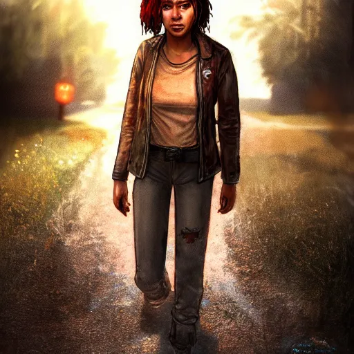 Image similar to portrait art of clementine walking dead telltale games, 8 k ultra realistic, lens flare, atmosphere, glow, detailed, intricate, full of colour, led lighting, trending on artstation, 4 k, hyperrealistic, focused, extreme details, unreal engine 5, masterpiece