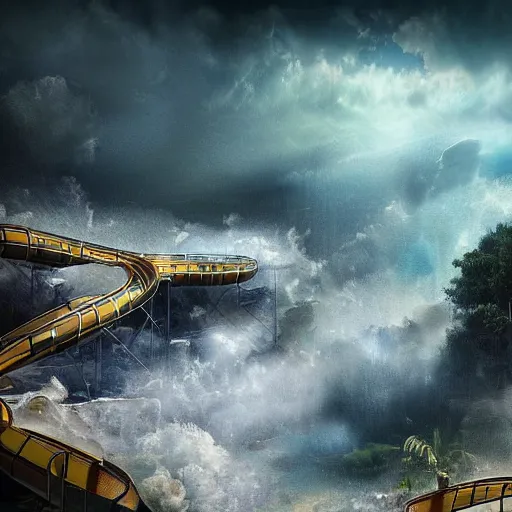Image similar to waterpark in the clouds of heaven, digital art, cinematic lighting, epic composition, highly detailed