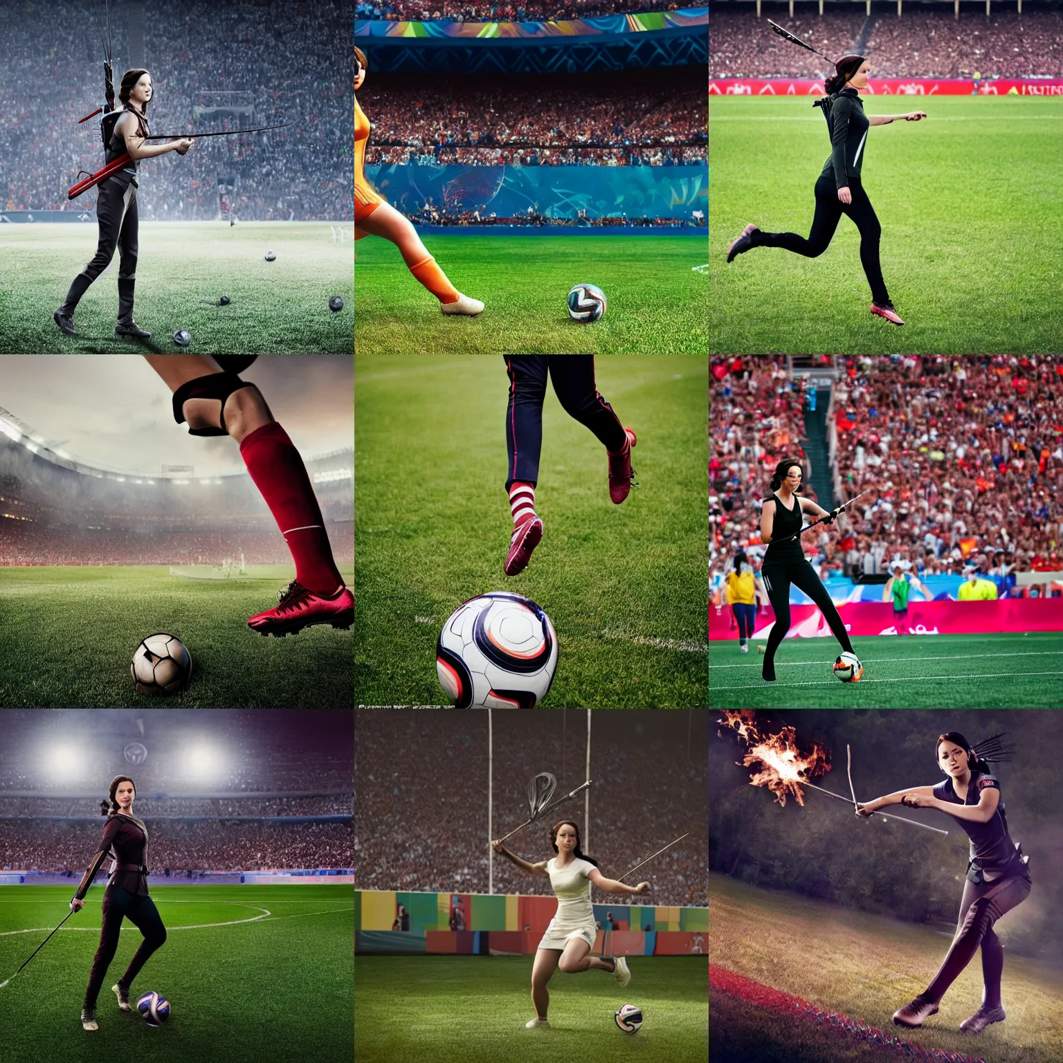 Prompt: Katniss Everdeen about to kick a ball into a goal, at the World Cup, high shutter speed, candid portrait photography by Annie Leibovitz, sharp focus, 4k/8k, detailed