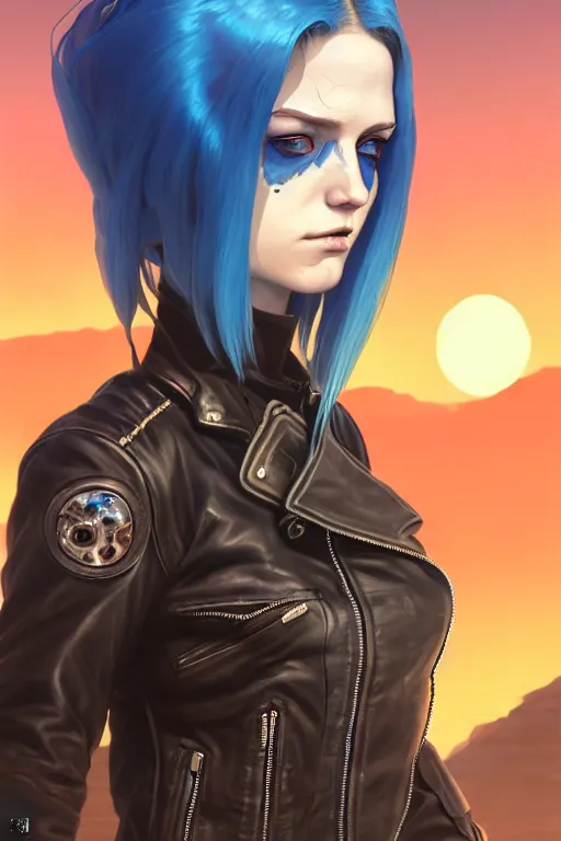 Prompt: a ultradetailed beautiful panting of post apocalyptic woman biker with helmet. blue hair. opened leather jacket, pretty face, high detailed face, in front of burning desert, anatomically correct, close up, by ilya kuvshinov, greg rutkowski and makoto shinkai, trending on artstation