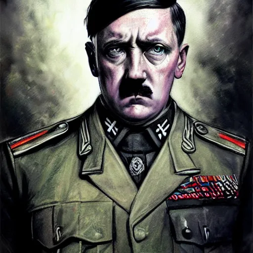 Image similar to adolf hitler satanic spawn of hatred and destruction, colourised, face portrait, epic, military art, fantasy, dieselpunk, hd shot, digital portrait, beautiful, artstation, comic style, by artgerm, guy denning, jakub rozalski, magali villeneuve and charlie bowater