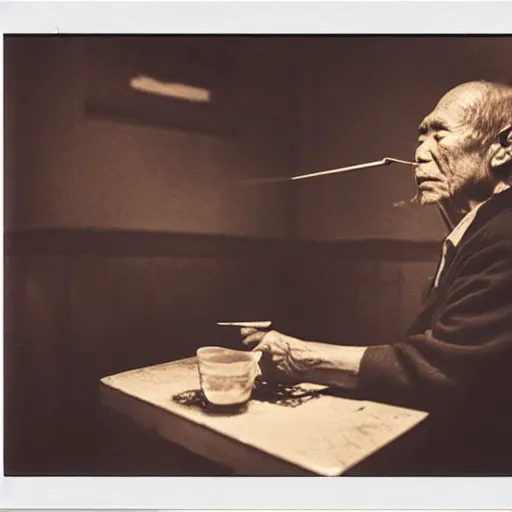 Image similar to an oldman, smoking, in a bar, chinese painting, polaroid, wide angle